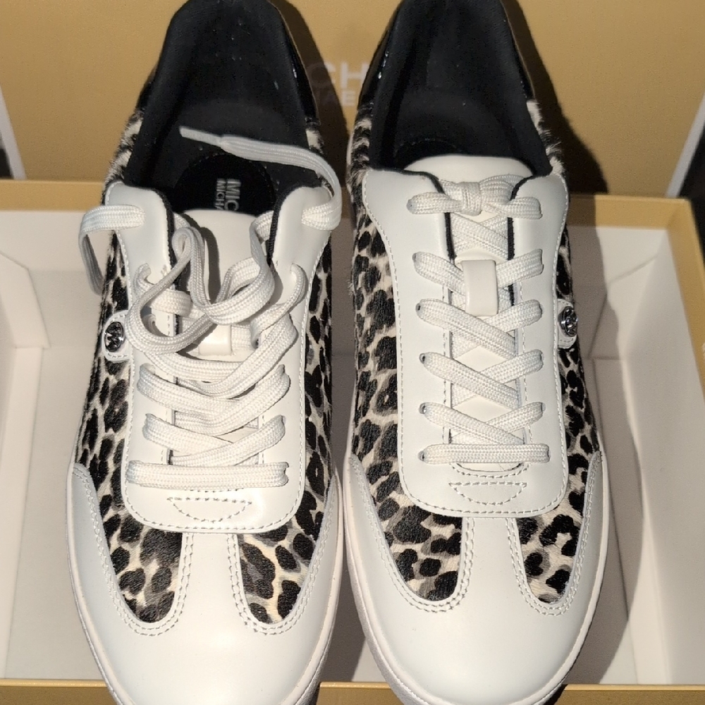 Michael Kors White and Black Leopard-Print Leather Sneakers